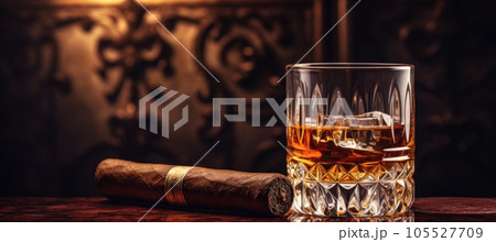 Whiskey glass and cigar on wooden table 105527709