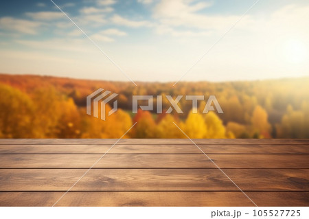 Old wooden table for product display with natural autumn landscape background. 105527725