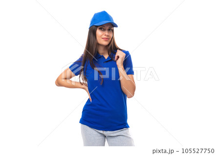 young caucasian brunette woman in blank blue t-shirt and cap young caucasian brunette woman in blank blue t-shirt and cap 105527750