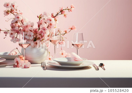 Table setting in pastel colors. Luxury elegant table setting, glasses and dishes Generative AI 105528420