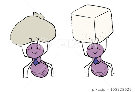 袋と角砂糖を持ち上げるサラリーマン風働きアリ 袋と角砂糖を持ち上げるサラリーマン風働きアリ 105528629