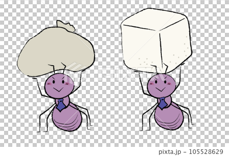 袋と角砂糖を持ち上げるサラリーマン風働きアリ 袋と角砂糖を持ち上げるサラリーマン風働きアリ 105528629