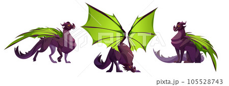 Cartoon set of black griffin with green wings Cartoon set of black griffin with green wings 105528743
