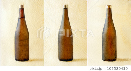 ラベルの無い日本酒の瓶/水彩画 イラスト(3点セット) ラベルの無い日本酒の瓶/水彩画 イラスト(3点セット) 105529439