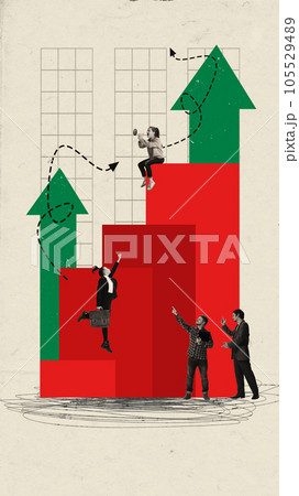 Creative artwork graphics collage of people on red squares with green arrows show up success in business career. 105529489
