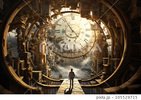 Man Stands in Front of Decaying City Buildings and Giant Clocks 105529715