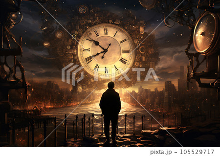 Man Stands in Front of Decaying City Buildings and Giant Clocks 105529717