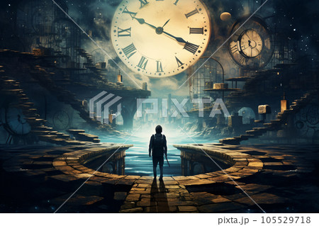 Man Stands in Front of Decaying City Buildings and Giant Clocks 105529718
