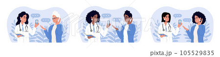A smiling female doctor measures a woman's sugar level with a glucometer. World diabetes day banner. Doctors and patients of different races and ages. A smiling female doctor measures a woman's sugar level with a glucometer. World diabetes day banner. Doctors and patients of different races and ages. 105529835