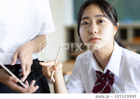 クラスメイトに勉強を教えてもらう女子高生 105529993