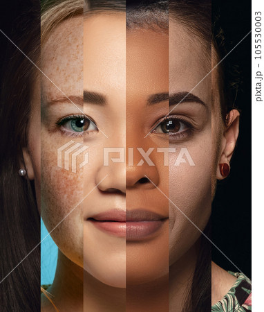 Human face made from different portrait of men and women of diverse age and race. Combination of faces. Human face made from different portrait of men and women of diverse age and race. Combination of faces. 105530003