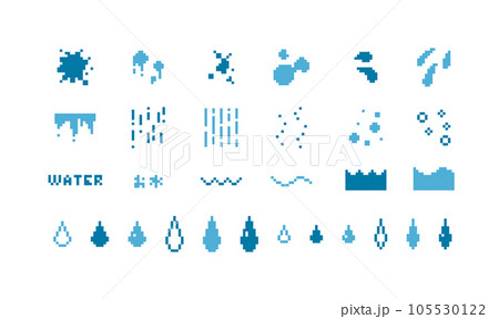 ドット絵　雫　ドリップ　飛沫　水のイラスト装飾セット　ピクセル 105530122