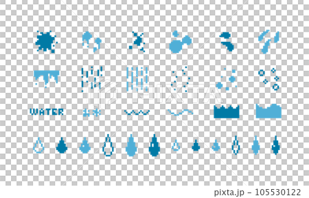 ドット絵　雫　ドリップ　飛沫　水のイラスト装飾セット　ピクセル 105530122