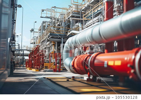 Pipeline and pipe rack of petroleum, chemical, hydrogen or ammonia industrial plant. Industrial zone Close up. Generative AI illustration 105530128
