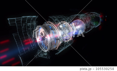 3D model detailed silhouette of generated engineering turbine. Aircraft Engine wireframe animation. Technology rotation and scanning. 3D model detailed silhouette of generated engineering turbine. Aircraft Engine wireframe animation. Technology rotation and scanning. 105530258