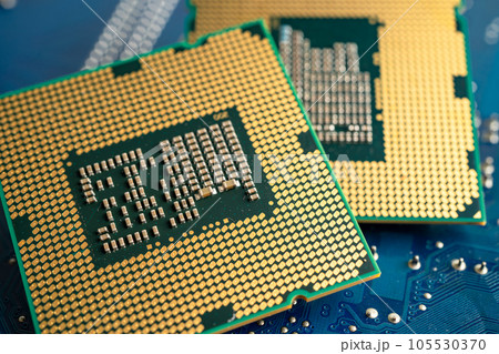 CPU, central processor unit chip Chip on circuit board in PC and laptop computer technology. 105530370