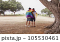 Back shot of two young men hugging with LGBT flag  105530461