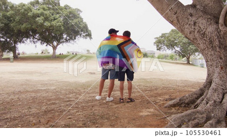 Back shot of two young men hugging with LGBT flag Back shot of two young men hugging with LGBT flag 105530461