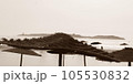 Sepia-Toned Straw Umbrellas on Beach Overlooking the Ocean.Horizontal banner 105530832