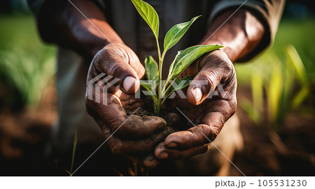 Farmer hand holding sprouts in the field. Concept of farming and planting 105531230