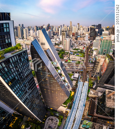 Aerial view of Ploenchit road in Bangkok Downtown, financial district and business center, Thailand Aerial view of Ploenchit road in Bangkok Downtown, financial district and business center, Thailand 105531262
