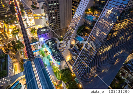Aerial view of Ploenchit road by night in Bangkok Downtown, financial district and business center 105531290