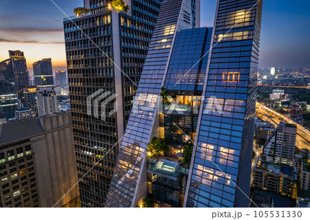 Aerial view of Ploenchit road by night in Bangkok Downtown, financial district and business center 105531330