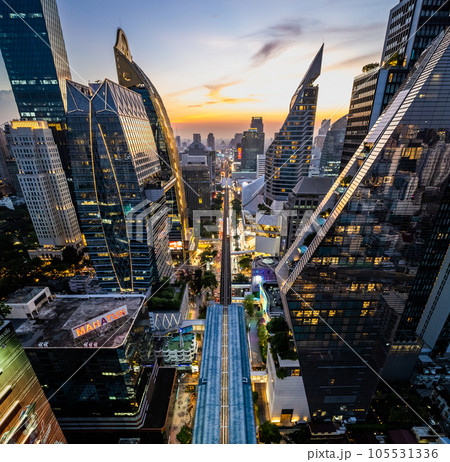 Aerial view of Ploenchit road by night in Bangkok Downtown, financial district and business center Aerial view of Ploenchit road by night in Bangkok Downtown, financial district and business center 105531336