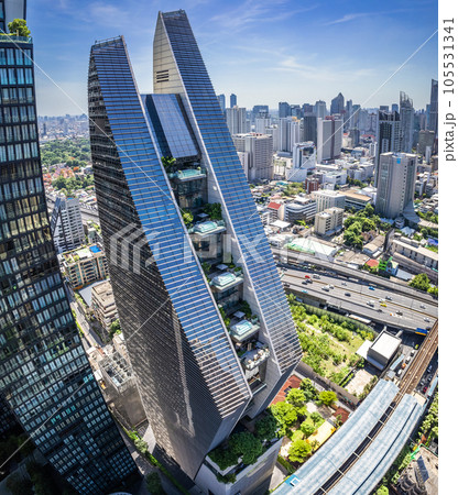 Aerial view of Ploenchit road in Bangkok Downtown, financial district and business center, Thailand 105531341