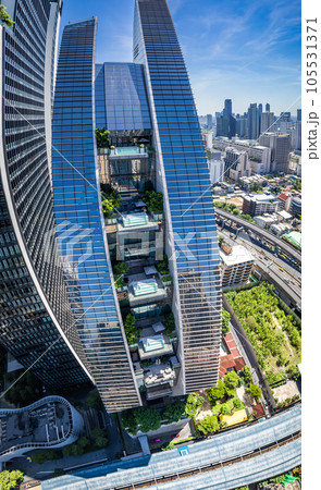 Aerial view of Ploenchit road in Bangkok Downtown, financial district and business center, Thailand 105531371