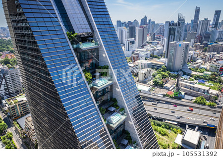 Aerial view of Ploenchit road in Bangkok Downtown, financial district and business center, Thailand 105531392