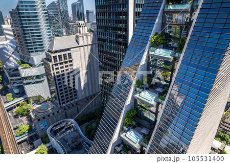 Aerial view of Ploenchit road in Bangkok Downtown, financial district and business center, Thailand 105531400