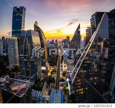 Aerial view of Ploenchit road by night in Bangkok Downtown, financial district and business center Aerial view of Ploenchit road by night in Bangkok Downtown, financial district and business center 105531413