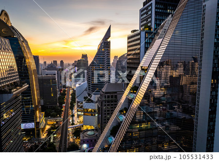 Aerial view of Ploenchit road by night in Bangkok Downtown, financial district and business center 105531433