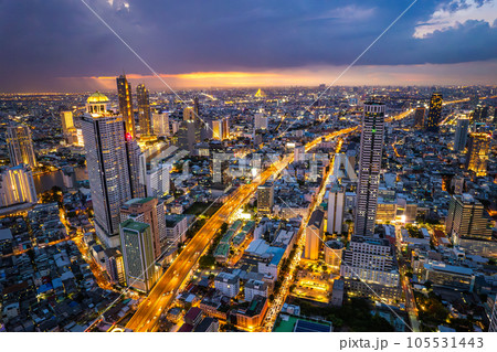 Aerial view of Saphan Taksin and Chao Phraya river in Bangkok, Thailand Aerial view of Saphan Taksin and Chao Phraya river in Bangkok, Thailand 105531443