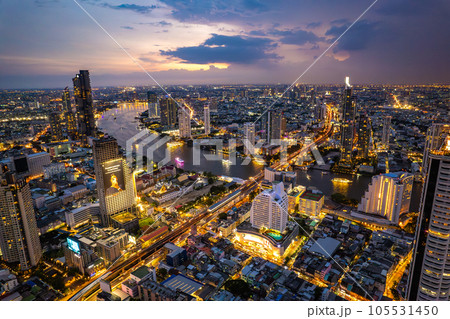 Aerial view of Saphan Taksin and Chao Phraya river in Bangkok, Thailand Aerial view of Saphan Taksin and Chao Phraya river in Bangkok, Thailand 105531450