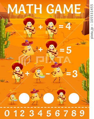 Math game worksheet. Cartoon mexican nachos chips musician characters. Kids addition and subtraction activity, mathematical quiz or vector puzzle with funny nachos chips playing guitar and maracas 105531455