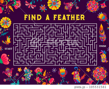 Labyrinth maze, help to parrot find feather, vector game worksheet puzzle. Tropical parrot birds and flowers on kids labyrinth escape or puzzle quiz to find a way to feather with start and finish path 105531581