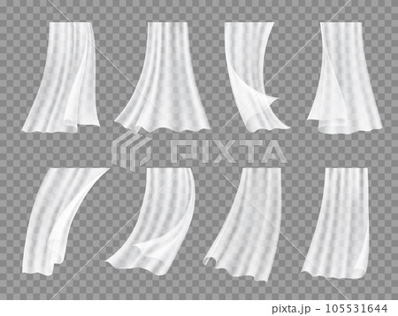 White window tulle, curtains or veil of transparent fabric textile, realistic vector. Tulle drapery or veil drape cloth hanging with wind wave folds from air flow, silk or satin tulle curtains motion 105531644