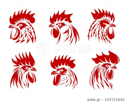 Red rooster, cockerel or cock head vector silhouettes of farm animals for butcher shop, poultry meat farm or sport team symbols. Fighting rooster or cock head side view with red feathers, beaks, combs 105531682