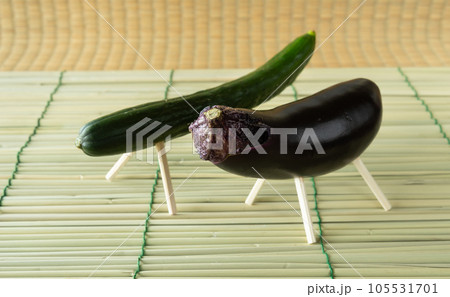 精霊馬と精霊牛 キュウリで作った精霊馬 ナスで作った精霊牛 精霊棚 盆棚 お飾り 精霊馬と精霊牛 キュウリで作った精霊馬 ナスで作った精霊牛 精霊棚 盆棚 お飾り 105531701