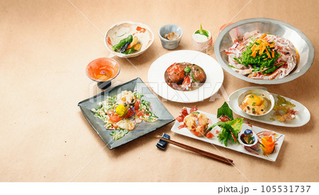 旅館の夕食セット(日本食)の水彩画|コピースペース|Generative AI 旅館の夕食セット(日本食)の水彩画|コピースペース|Generative AI 105531737