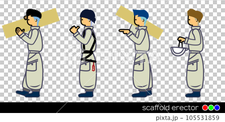 土木工程和建築工人。木匠正在搬運腳手架。側身人的手寫插圖集。 105531859