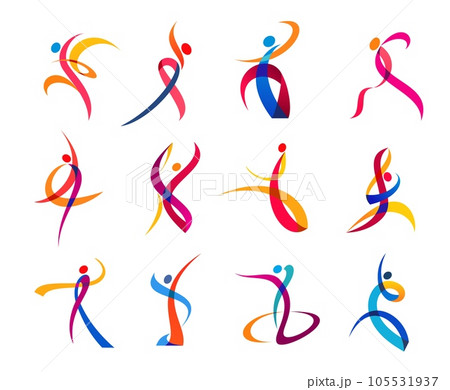 Dance movement, sport and yoga people icons, vector body silhouettes in fitness exercise. Gym, wellness studio and athletic training symbols of people body in color curve ribbon lines in sport dance Dance movement, sport and yoga people icons, vector body silhouettes in fitness exercise. Gym, wellness studio and athletic training symbols of people body in color curve ribbon lines in sport dance 105531937