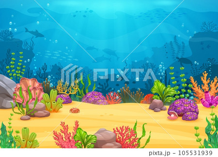Game level. Cartoon underwater landscape with seaweed, corals and reefs, sea animals and fish. Vector ocean under water background with dolphins, shark, crab, sea turtle and algae in blue water waves Game level. Cartoon underwater landscape with seaweed, corals and reefs, sea animals and fish. Vector ocean under water background with dolphins, shark, crab, sea turtle and algae in blue water waves 105531939
