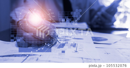 Stock market or forex trading graph and candlestick chart suitable for financial investment concept. Economy trends background for business idea and all art work design. Abstract finance background.. 105532076