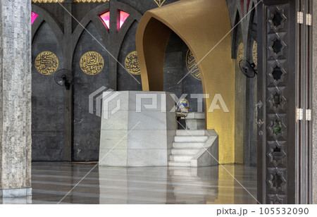 Architecture design inside the Foundation of the Central Mosque and Islamic Center of Thailand. Detail of interior building built for Islamic Affairs are designed with elegant. Architecture design inside the Foundation of the Central Mosque and Islamic Center of Thailand. Detail of interior building built for Islamic Affairs are designed with elegant. 105532090