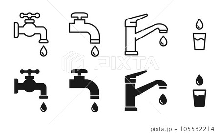 水道の蛇口、かわいい水回りキッチンのベクターイラストアイコン白黒素材 水道の蛇口、かわいい水回りキッチンのベクターイラストアイコン白黒素材 105532214