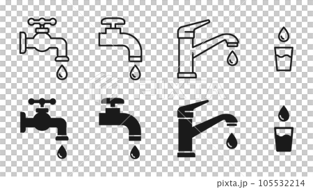 水道の蛇口、かわいい水回りキッチンのベクターイラストアイコン白黒素材 水道の蛇口、かわいい水回りキッチンのベクターイラストアイコン白黒素材 105532214