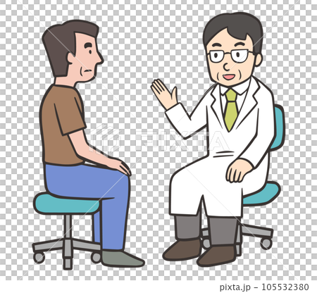 中年男性患者に説明をするメガネをかけた医師 105532380